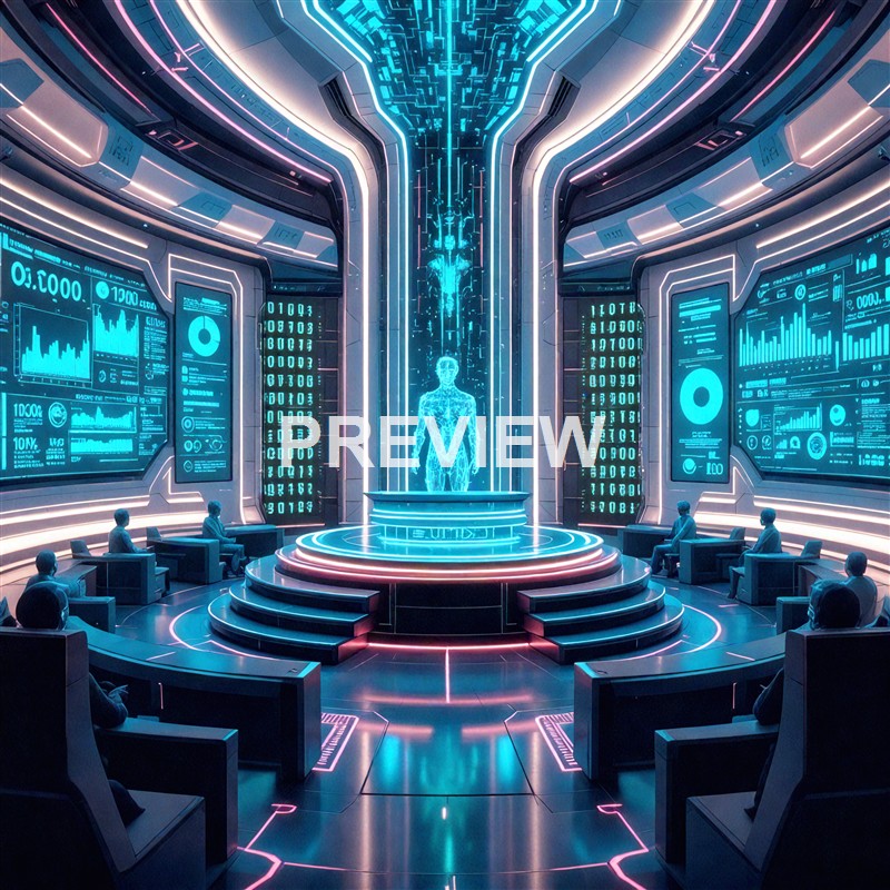 A futuristic control room with large digital screens displaying data, a holographic human figure at the center, and several seated individuals observing the displays.